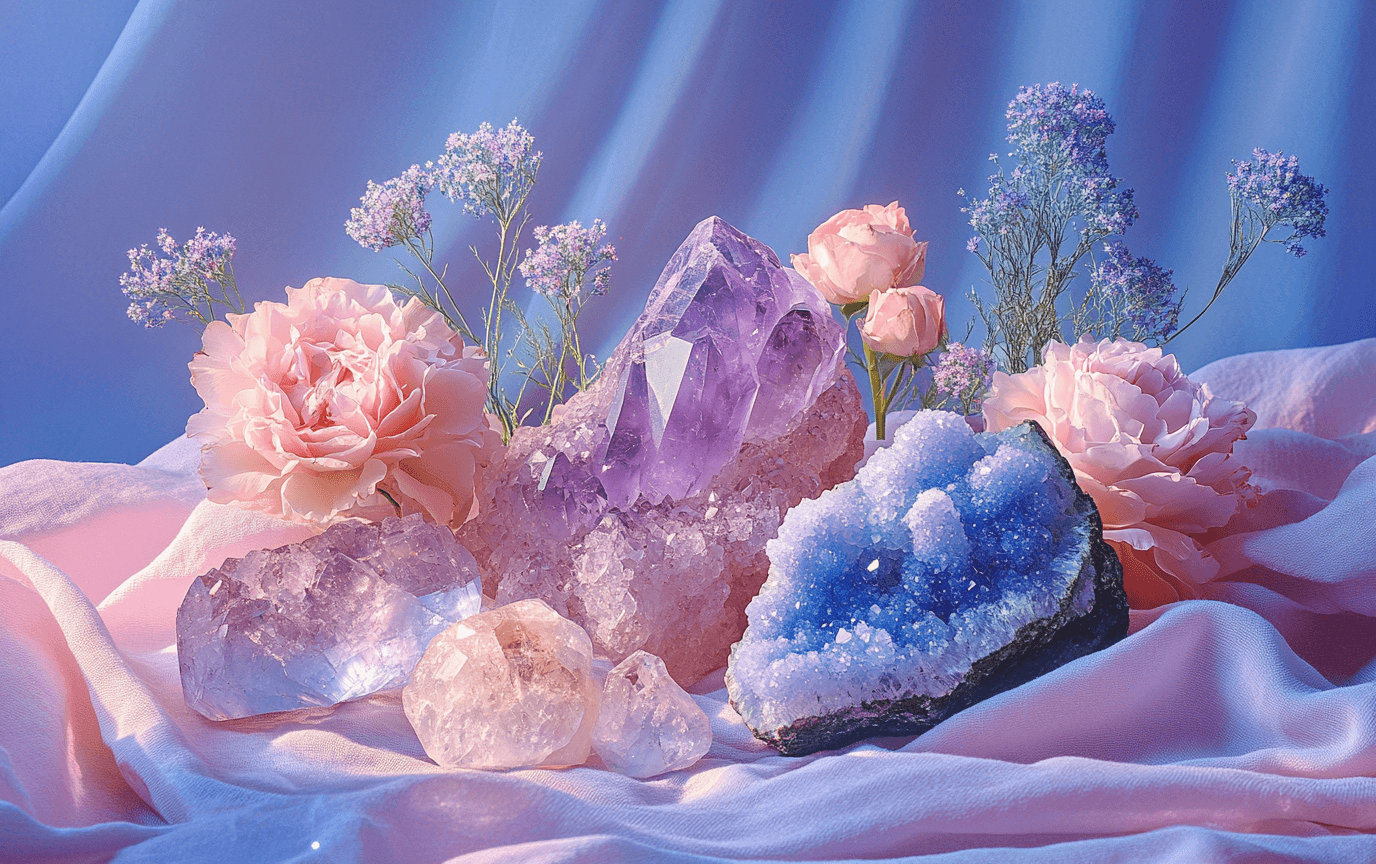 A collection of calming crystals in soft pastel light